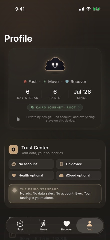 Profile with the Trust Center: no account, on device