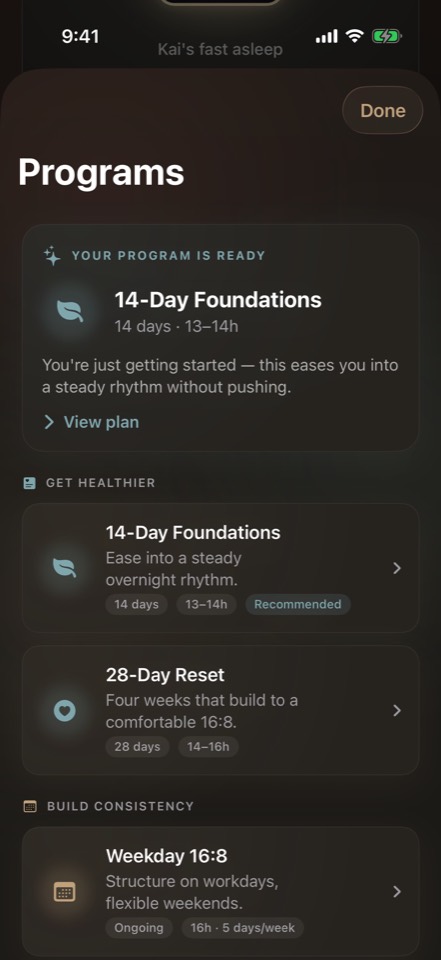 Guided programs: 14-Day Foundations, 28-Day Reset, Weekday 16:8